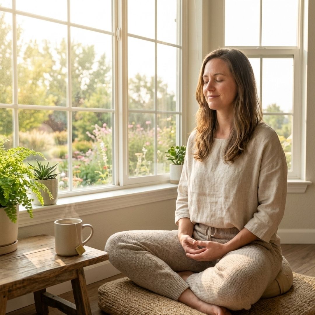 Calm individual meditating by a sunlit window, showcasing the restorative benefits of effective vagus nerve treatment.