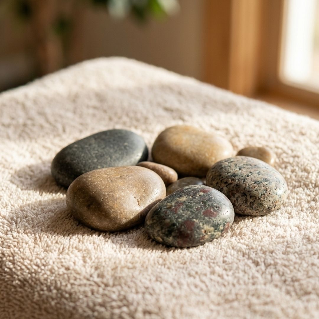 Smooth river stones on a soft towel, symbolizing grounding natural medicine therapies and holistic stress management.