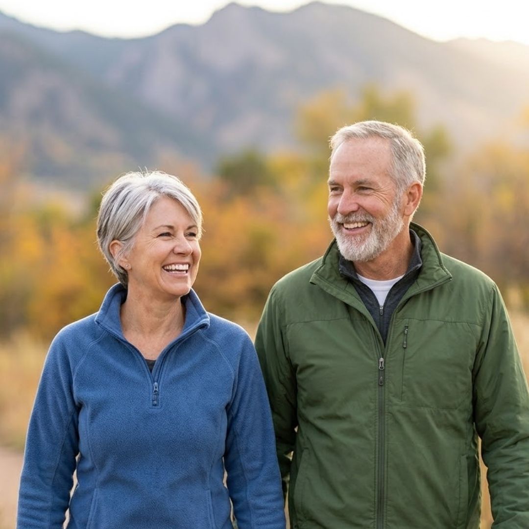 A happy couple walking outside.