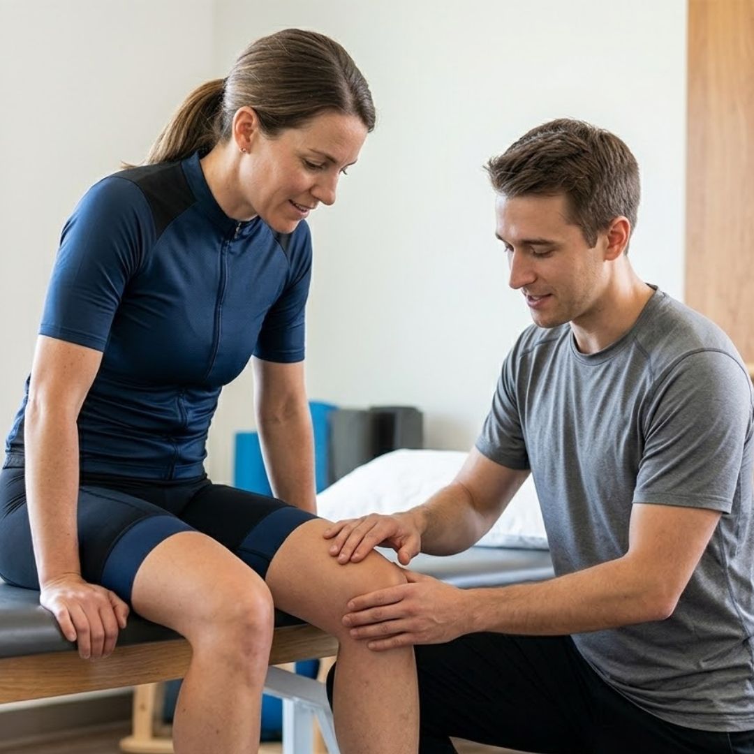 A female athlete with joint pain.