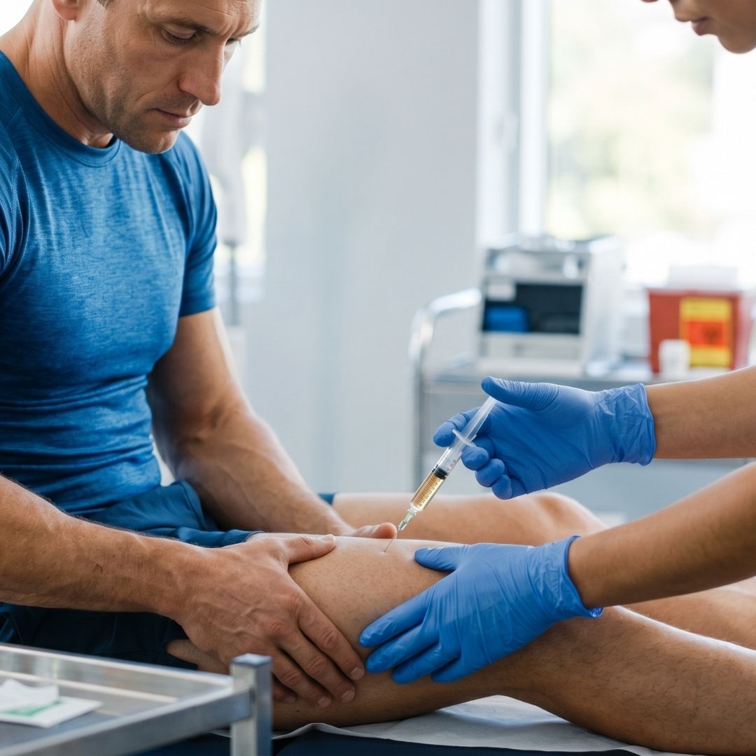 A male athlete getting an injection for joint pain.