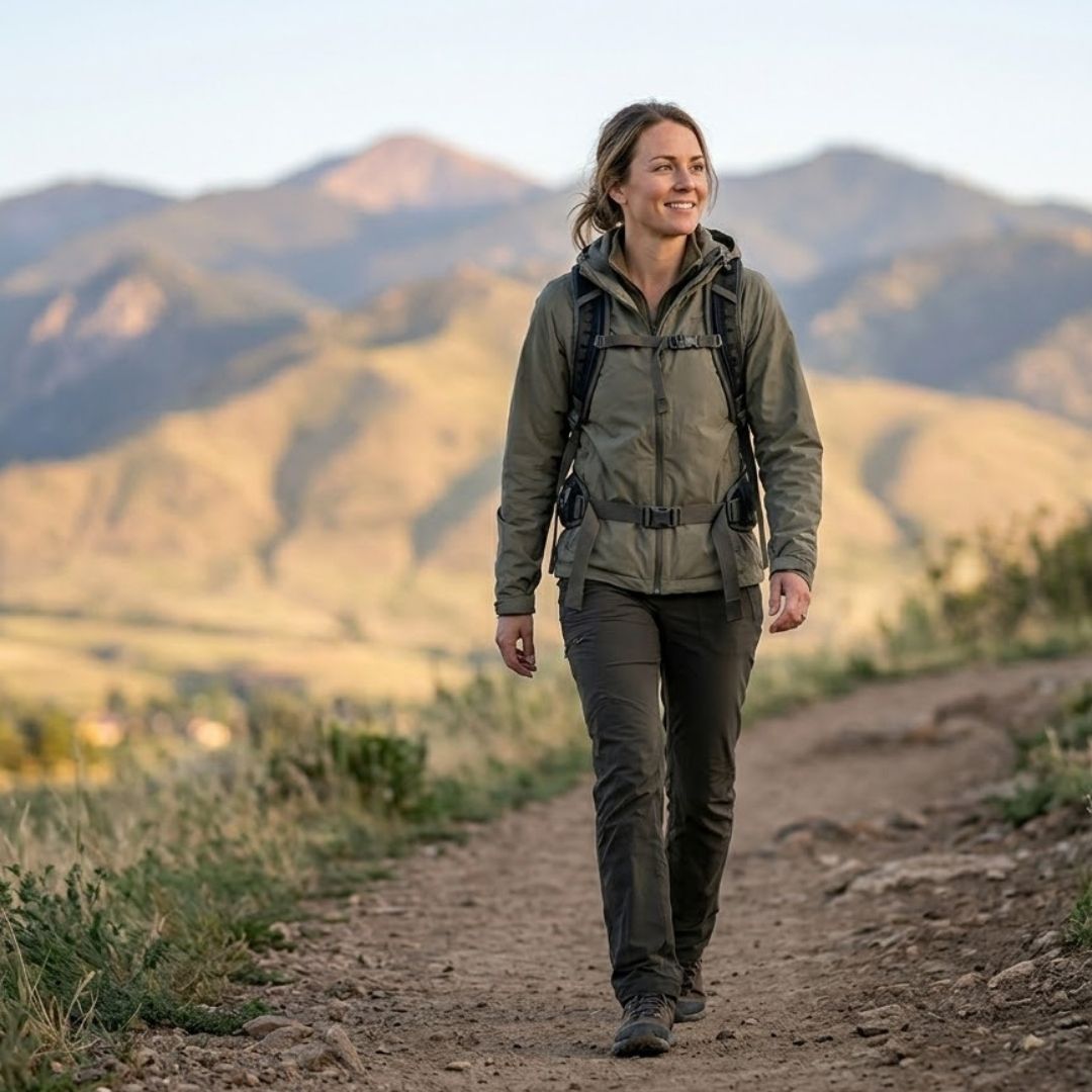 A female athlete walking outside.