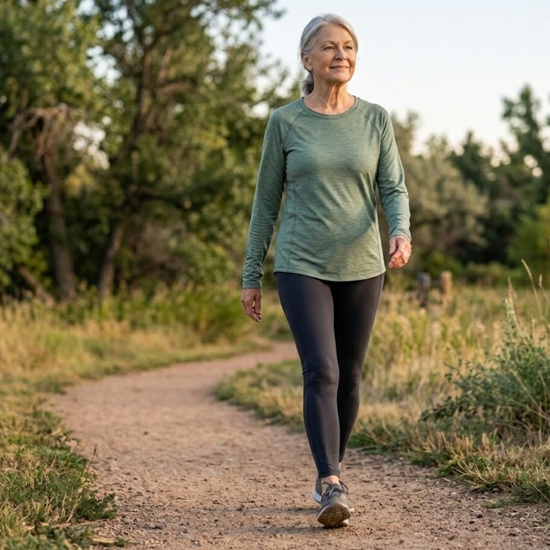 An older woman walking outside.