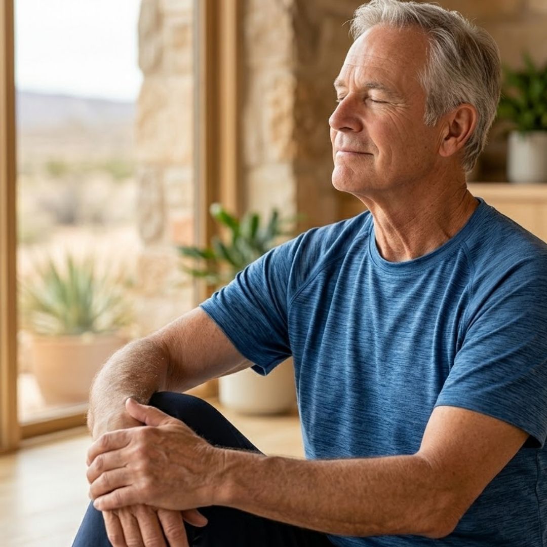 An older man sitting relaxed at home.